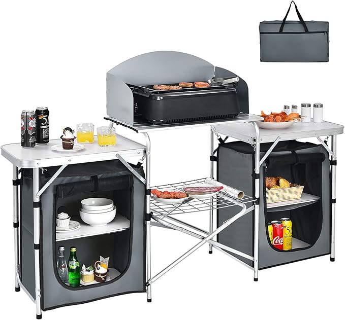 Giantex Camping Kitchen Station Folding Grill Table with 26'' Tabletop 2 Side Tables Storage Organizer Detachable Windscreen Portable Camp Cook Outdoor Prep Station Backyard BBQ Picnic (Grey)