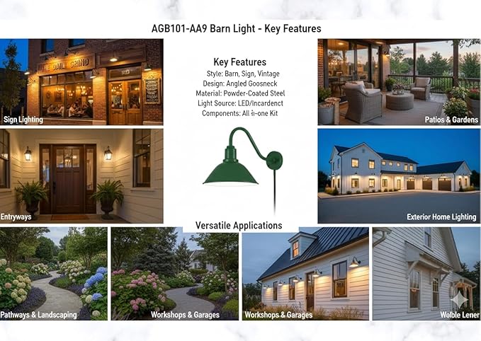 AGB101-AS20-GREEN Gooseneck Barn Light - Green Outdoor Dome with Incandescent Downlight | Wall-Mount Fixture for Patios Gardens Pathways and Large Outdoor Living Spaces