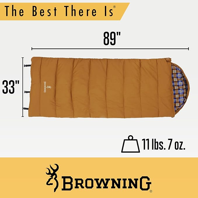 Browning Camping Enterprise 0° Degree Sleeping Bag – Hooded Rectangular Cold Weather Canvas Sleeping Bag with Flannel Liner PolyLoft Insulation &amp Roll-Up Straps for Winter Camping
