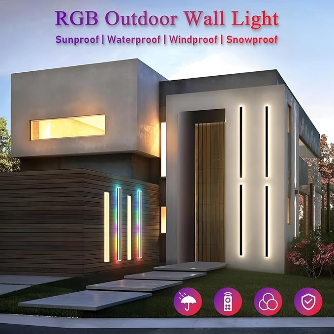 Outdoor RGB Wall Lights 31.5inch RGB/Warm/White Dimmable Modern Led Wall Lighting IP65 Waterproof Long Wall Sconce with Remote and APP Control for Outdoor/Indoor Party Gathering