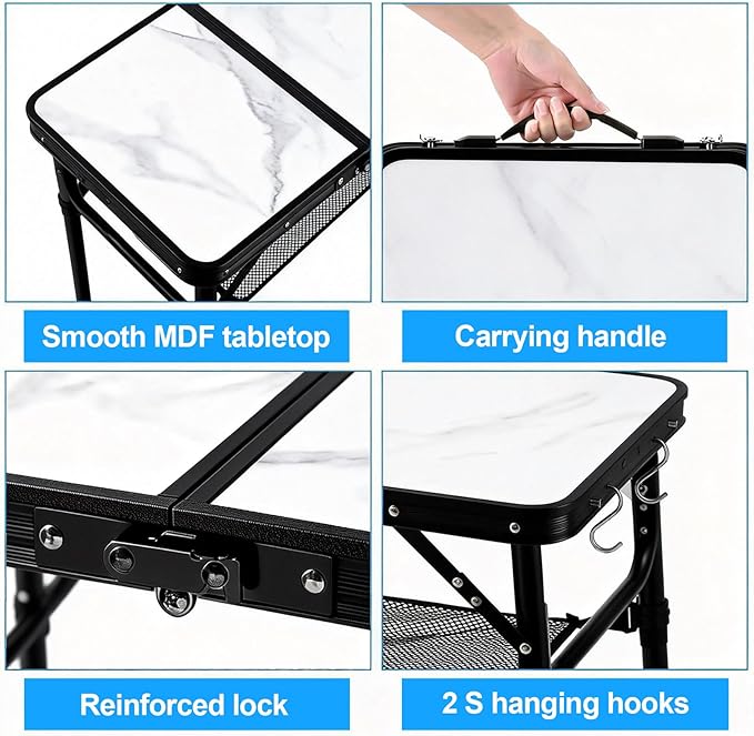 Small Folding Camping Table 2ft Portable Table with 3 Adjustable Heights Aluminum Lightweight Foldable Picnic Table with Mesh Layer and Extension Legs for RV Camp and Indoor (Black Frame)
