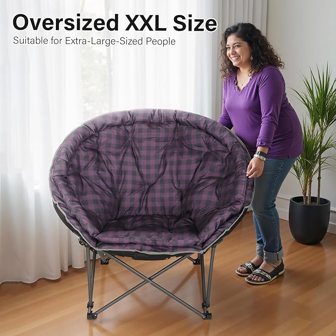 Oversized XXL Folding Round Camping ChairsComfy Padded Moon Camp ChairsHeavy Duty Supports 440 Lbs Outdoor Lawn Chairs for AdultsPerfect for IndoorFamily HikingPicnics and GardenPurple Plaid