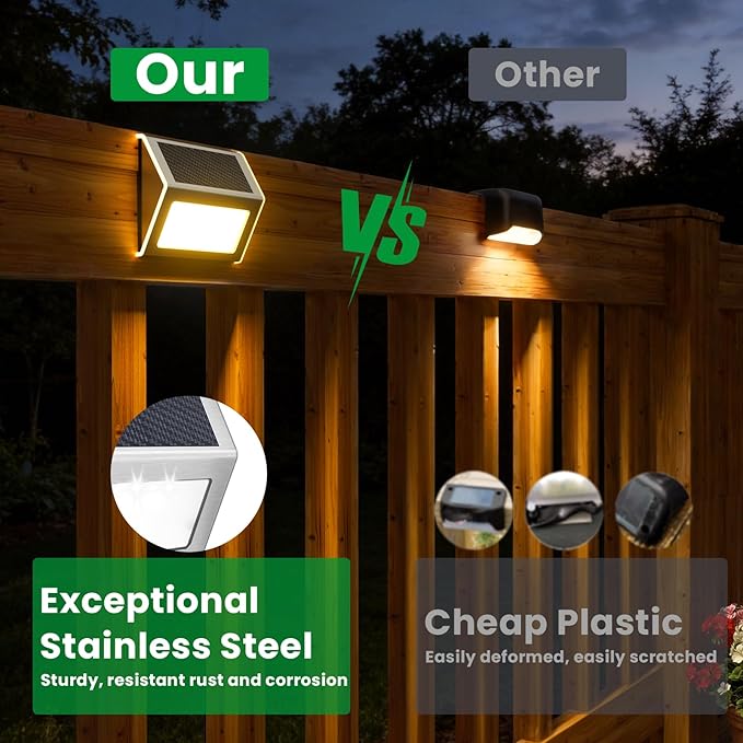 JSOT Solar Lights Outdoor for DeckWaterproof Solar Powered Steps Light Outdoor Wireless LED Lamp Fence Lighting Walkway Patio Stair Garden Path Rail Backyard Fences Post 8 Pack Warm White