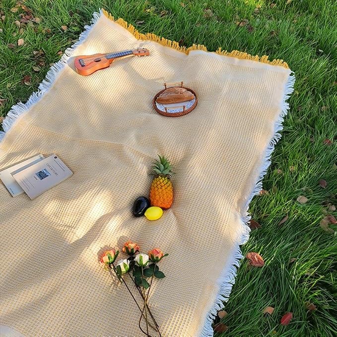 70x 70 Picnic Blanket Extra LargeLayer Outdoor Blanket for 5 to 7 AdultsCamping Grass Lawn Park Accessories Cute Couple Gifts Ideas Wedding Registry for Camping Park Beach (Yellow)