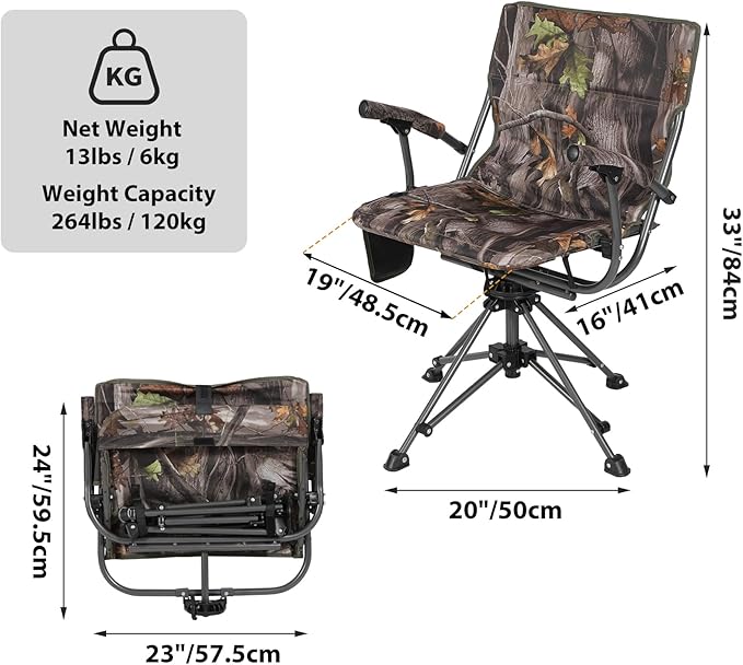 REDCAMP 360° Swivel Heated Hunting Chairs for Ground Blinds Portable Folding Camo Camping Chairs for Adults Hunting Seats with Hard Arms for Fishing Camping(No Power Bank)
