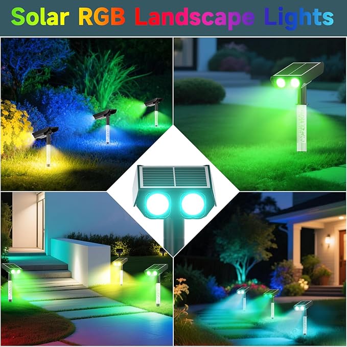 RGB Solar Spot Lights : 2 IN 1 Solar Lights Outdoor with 8 Lighting Modes &amp PC Light Guide Column for Tree Garden Yard Pathway | RGB Color Changing Landscape Lights | IP65 Waterproof | 6 Pack