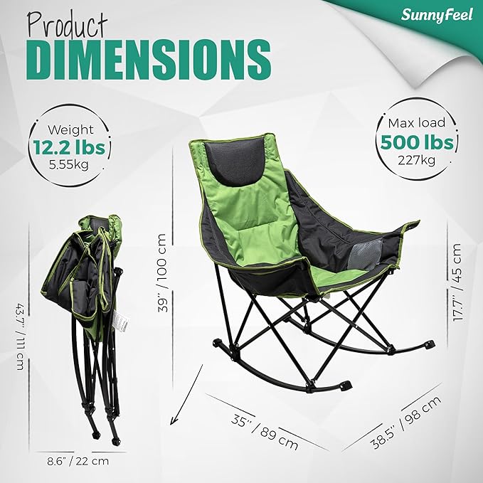 SUNNYFEEL Rocking Camping Chair Luxury Padded Recliner Oversized Folding Lawn Chair with Pocket Heavy Duty for Outdoor/Picnic/Lounge/Patio Portable Camp Rocker Chairs with Carry Bag