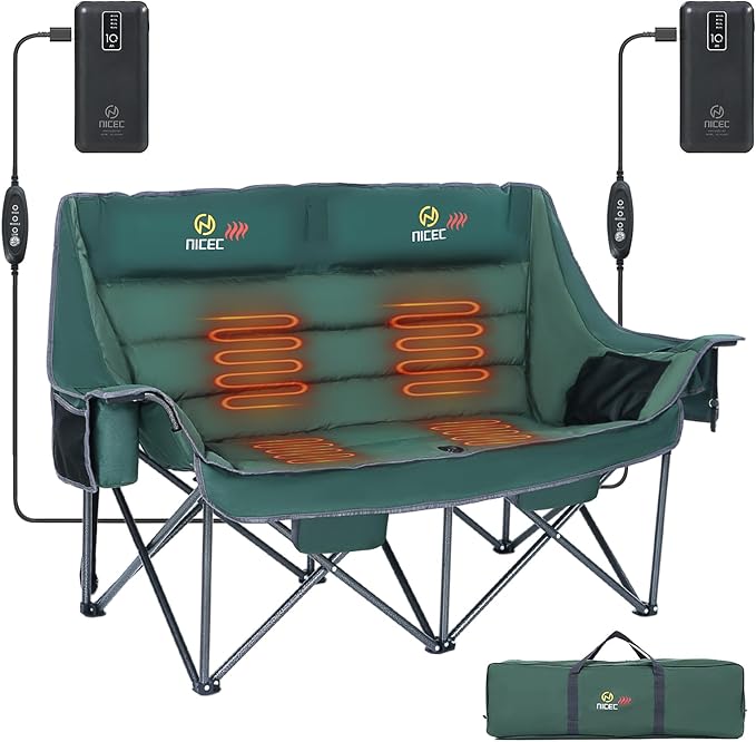 Nice C Heated Camping Chair with Battery Heated Double Camping Couch Oversized Thick Padded Loveseat Heated Camping Chair for Adults with Cooler Bag Bottle Opener Power Bank (Green)