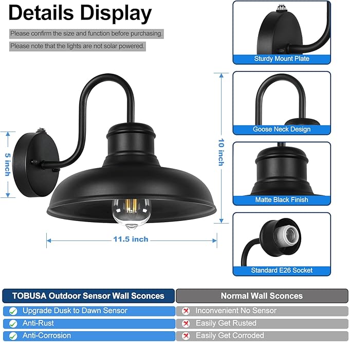TOBUSA 2-Pack Dusk to Dawn Outdoor Wall Lights Farmhouse Gooseneck Barn Lights Waterproof 11.5'' Matte Black Outside Wall Sconces for House Porch Garage