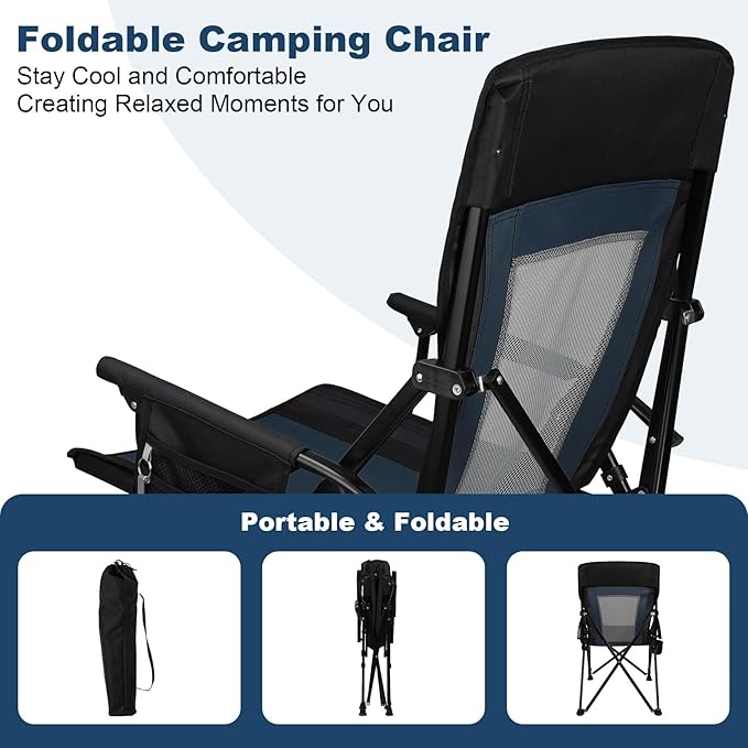 Camping Chair Portable Folding Lawn Chair Comfortable Hard Arm Sturdy for Family Camp Outdoor Sports Beach Travel Support 400 lbs Black&ampBlue
