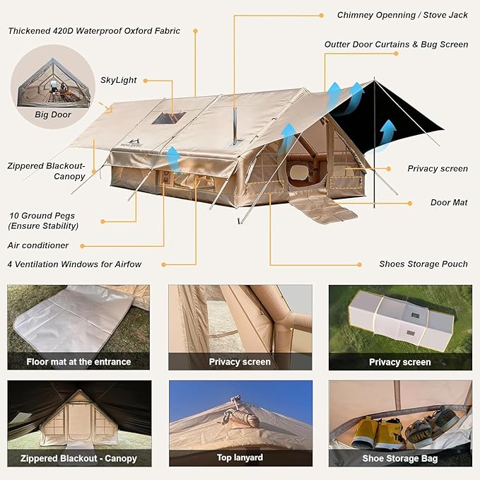 Inflatable Camping Tents 8-10 Person129 Square Feets Large Inflatable Camping Tent with Stove JackBlow up Tent with Mesh Windows &amp Pump