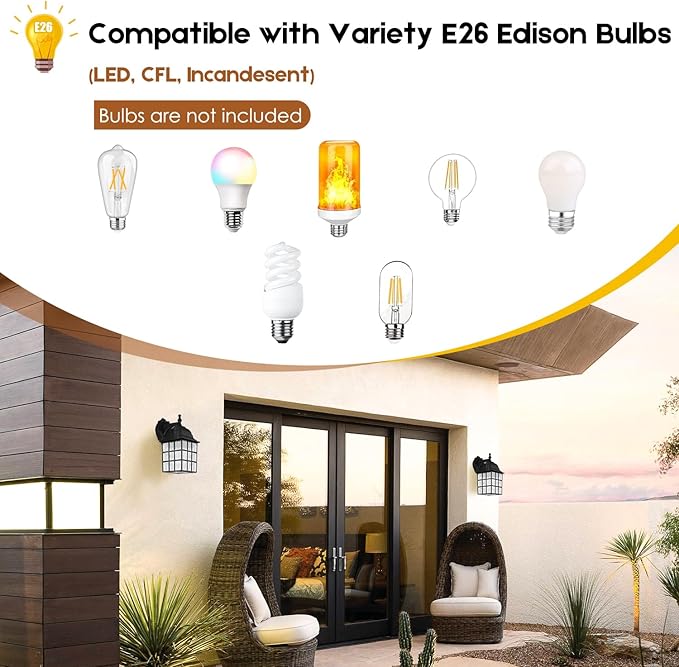 Brightever 2-Pack Dusk to Dawn Outdoor Wall Lantern Exterior Light Fixtures with Photocell Sensor Black Wall Light Waterproof Waterfall Glass Outside Wall Sconce for Porch House Garage