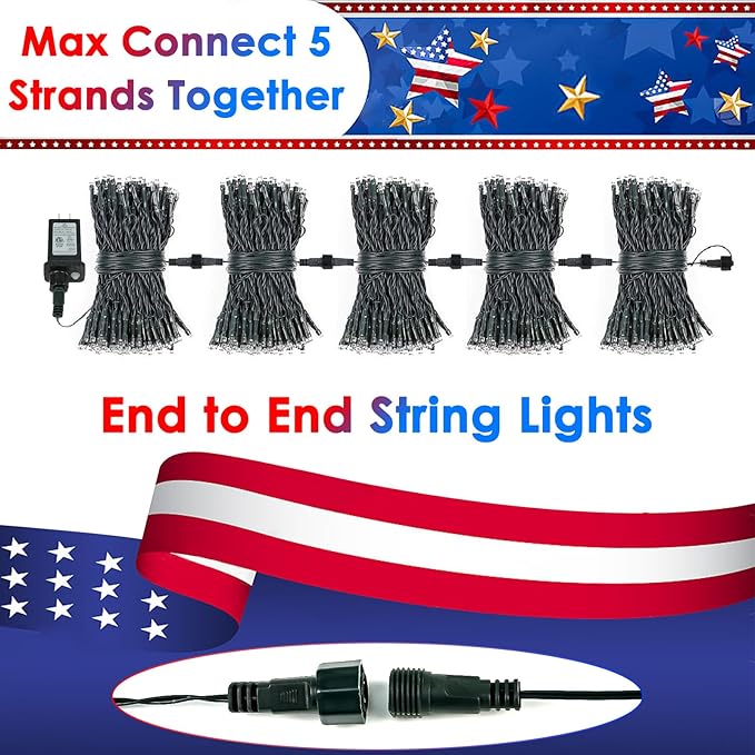 4th of July 95FT 240LED Red White and Blue String Lights Extra-Long Connectable Led Twinkle Lights Waterproof with 8 Modes Memory Independence Day Decoration