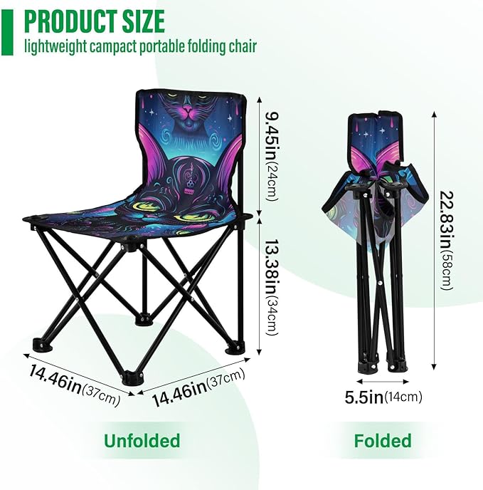 Fluorescent Black Cat Cool Portable Beach Chairs Ultra-Lightweight Backpack Chai for Adults Carry Bag Included Portable Chair for Waiting in Line