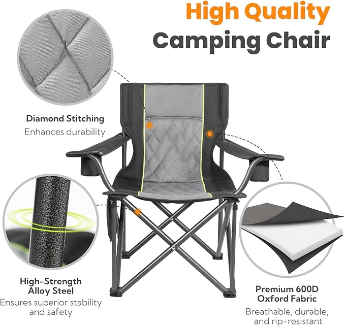 Outdoor Large Camping Chairs for Adults Heavy Duty Camp Chair Support 800lbs King Kong Folding Chairs with Padded and Pocket for Outside Sports Lawn Built Durable and Reliable Black