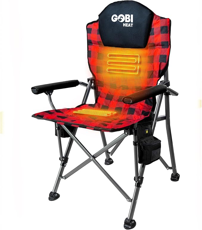 Terrain Heated Camping Chair - 9 hrs of Heat | with Battery &amp Charging Cable | 3 Heat Settings (Plaid)