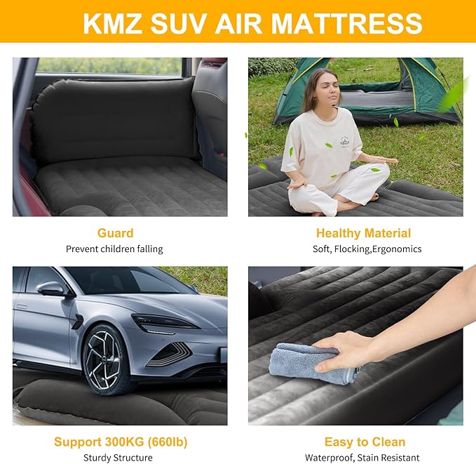 KMZ SUV Air Mattress Thickened and Double-Sided Flocking Travel Camping Bed with 2 Pillows &amp Electric Pump Dedicated Mobile Cushion Inflatable Bed for SUV Trunk and Rear Seat (Dark Gray)