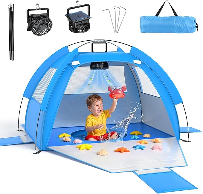 Baby Beach Tent Solar Cooling Fan Anti-UV Toddler Beach Tent Sun Shelter Portable Travel Fan Beach Shade Tent Baby Play Tent Built-in Ceiling Fan Sun Shelters Toddler Beach Essentials