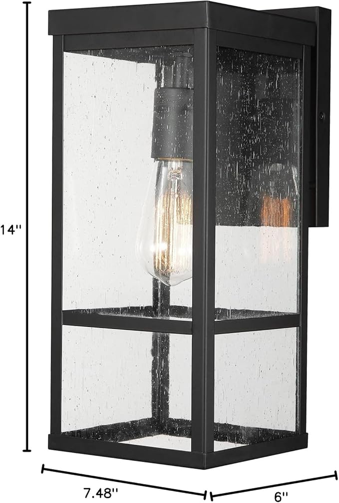GLOBE Electric 44802 1-Light Outdoor Wall Sconce Matte Black Seeded Glass Shade Weather Resistant Exterior Wall Light Front or Back Porch Lights Patio Lighting Indoor Compatible