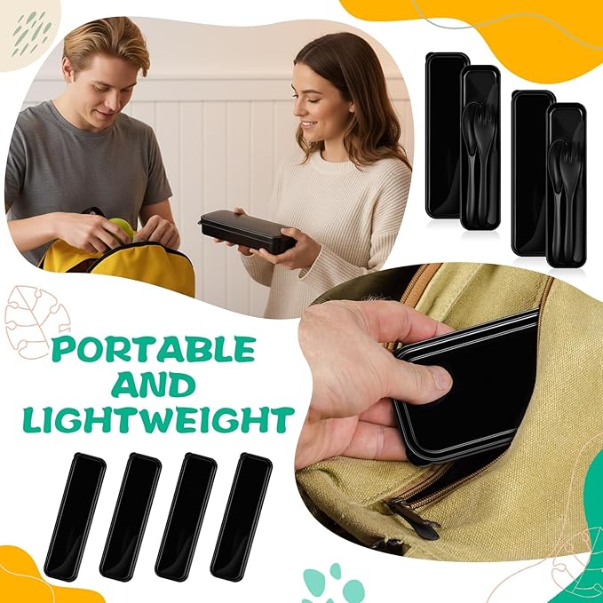 Jinei 50 Sets Reusable Travel Utensils Set with Case Wheat Straw Cutlery Portable Spoon Knife Forks Lunch Box Accessories Friendly Tableware for Kids Adults Camping Utensils (Black)