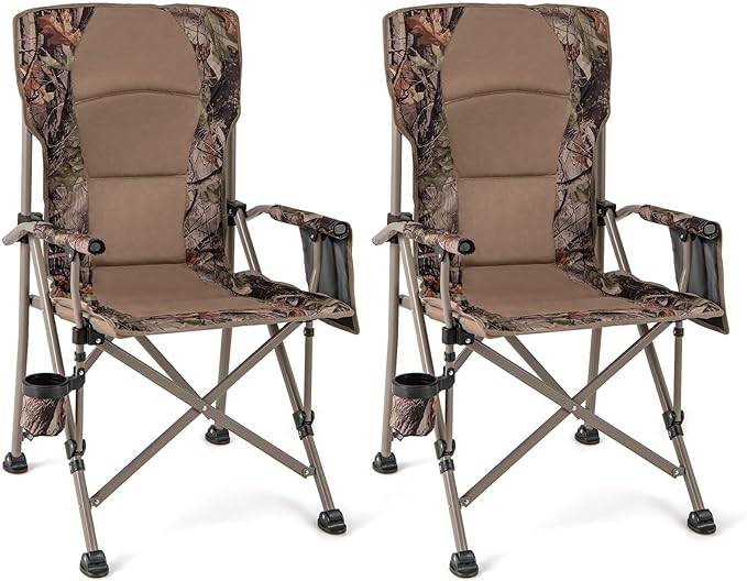 Goplus Folding Camping Chair 400 LBS Support Lawn Chair w/Armrests with Covers Cup Holder &amp Storage Pocket Adjustable Feet Portable Camp Chair with Carrying Bag for Fishing Hunting Picnic (2)