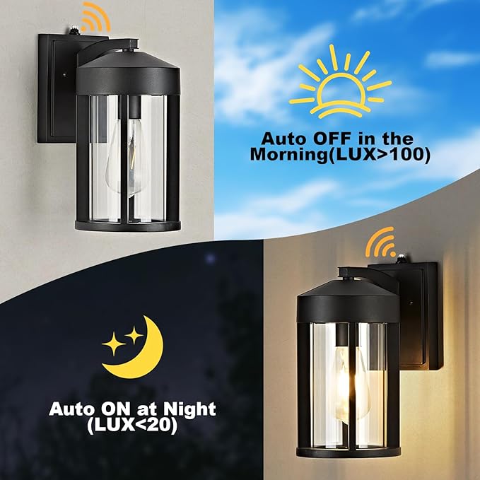 OKELI Dusk to Dawn Outdoor Lights Fixture Wall Mount–Geometric Industrial Black Exterior Wall Sconce Waterproof Anti-Rust with Photocell Sensor Outside Porch Light for House Patio Entryway Garage