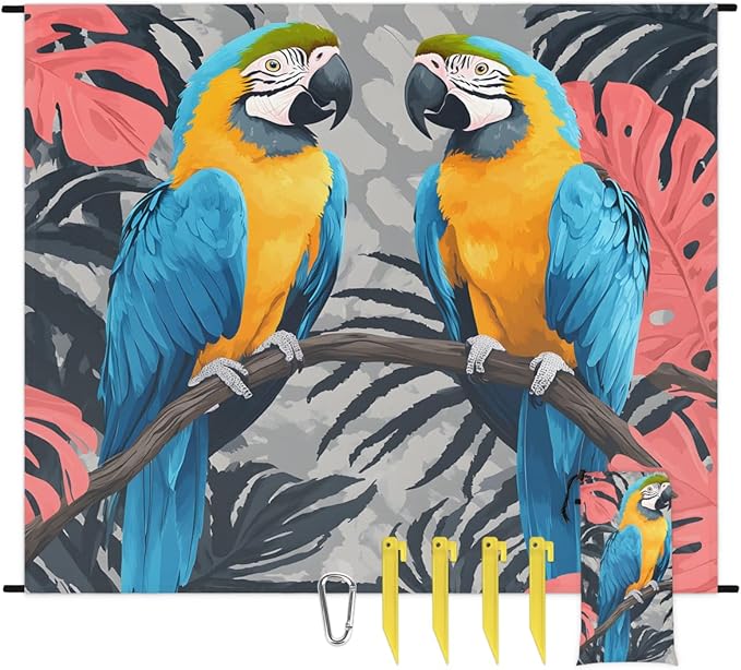 Waterproof Sandproof Beach Blanket 59''×68'' Parrot Bird Polyester Outdoor Picnic Blanket with 4 Stakes &amp Storage Bag for BeachCampingVacation Animal