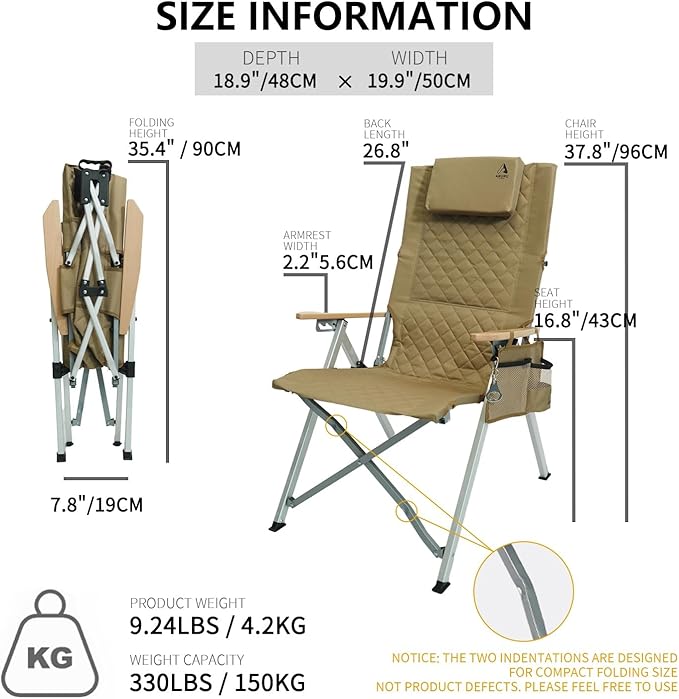 Reclining Camping Chair Heavy Duty Folding Chairs with 4-Stage Adjustable High Back for Adults Compact Foldable Outdoor Patio Reclining Chair with Storage Bag (Khaki 2 Pack)