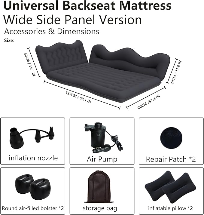 Car Air Mattress Inflatable SUV Truck Camping Mattress for Back Seat Thickened Travel Car Bed Sleeping Pad with 2 Round air-Filled BolsterAir Pump and 2 Pillows (Black)