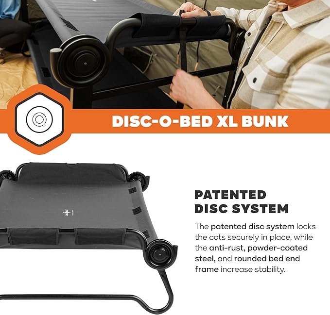 Disc-O-Bed Extra Large Portable Bunk Camping Cots with Carry Bags - Heavy-Duty Indoor or Outdoor Sleeping System Converts to Bench or Separate Beds 500 lb Weight Capacity Per Cot Black