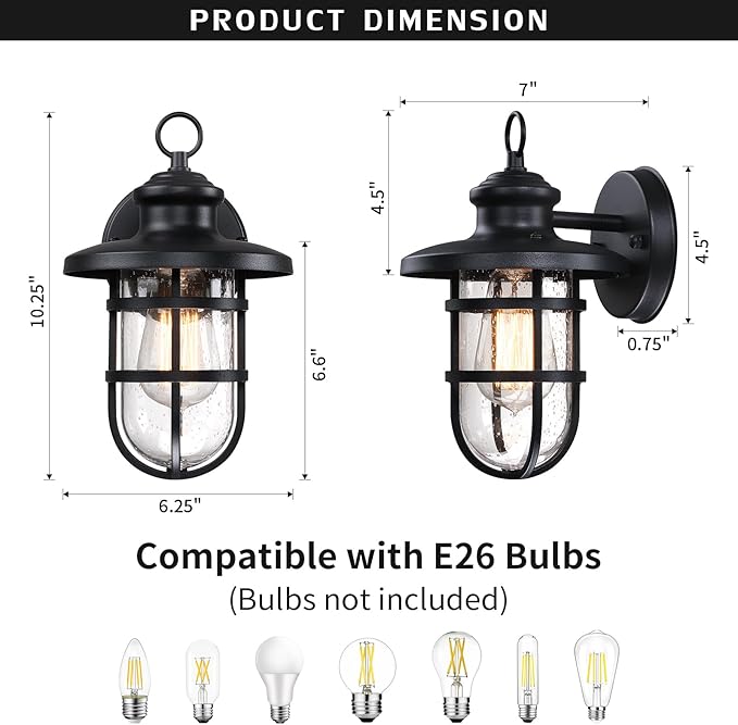 2 Pack Outdoor Wall Mount Outside Wall Sconce Lighting Fixture with Seeded Glass Sand Black Waterproof Exterior Light for Porch DoorwayHallway Garage YardPatio
