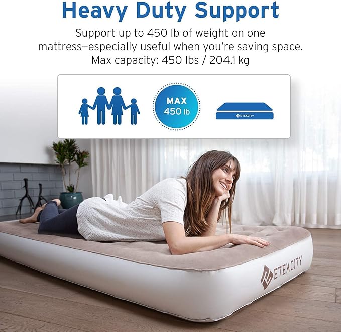 Etekcity Air Mattress Upgraded Twin Size Camping Air Bed Blow Up Bed Inflatable Mattress Raised Airbed with Rechargeable Pump for Guest Camping Hiking Height 9 Storage Bag Brown
