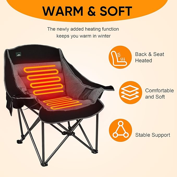 Northroad XL Heated Camping Chair Oversized Heated ChairsPortable Folding Heated Lawn Chair W/3 Control Levels for Outdoor Hiking Picnics Heavy-Duty 400-lbs Capacity (Battery NOT Included)