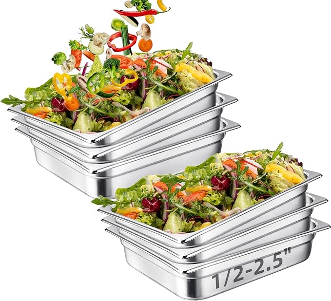 6 Pack 1/2 Size Steam Table Pan Set2.5 Deep Hotel Pans Half Size Anti Jam Stainless Steel Food Pan for RestaurantsCateringHotel BuffetHomeParty