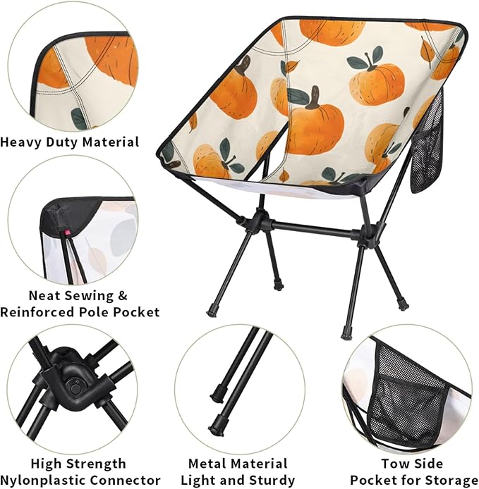 Honeybaby Folding Camping Chair Cute Pumpkin Print Camping Chairs Lightweight Portable Chair Outdoor Foldable Chairs for Camping Travel Picnic Beach Hiking