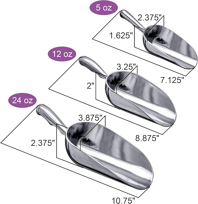 Amazing Abby - Elsa - Aluminum Ice Scoops (3-Piece Set) Cast Aluminum Utility Scoops 5/12/24-Ounce Capacity Food-Grade Good for Home and Commercial Use NOT Dishwasher-Safe Hand-Wash Recommended