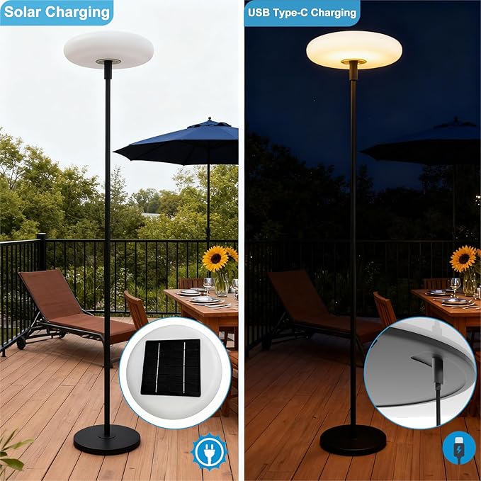 Lightdot Solar Outdoor Floor Lamp for Patio Waterproof USB Rechargeable Cordless Floor Lamp with 3 Brightness ModesHeight Adjustable(Max 74IN)Warm White 3000k Standing Solar Lights for Yard Garden