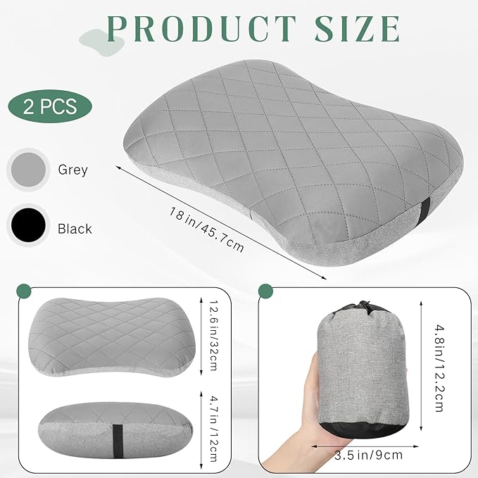 2 Pack Inflatable Travel Camping Pillow with Removable Cover Backpacking Blow up Neck Air Pillow Compressible for Lumbar Support Travel Hiking(BlackGrey)