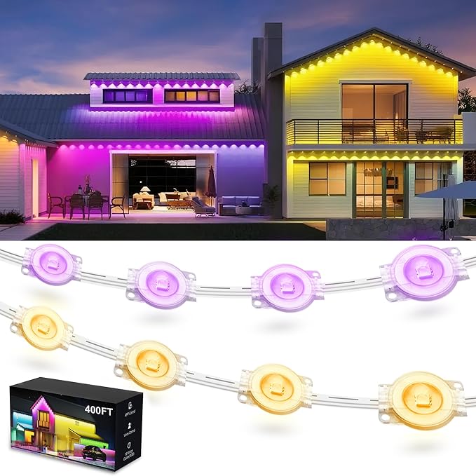 Fussion 400ft Permanent Outdoor Lights for House 2025 Smart RGB LED Outside Lights with Remote Control IP67 Waterproof Eternity Eaves Lighting for Christmas Halloween Holiday Party Daily