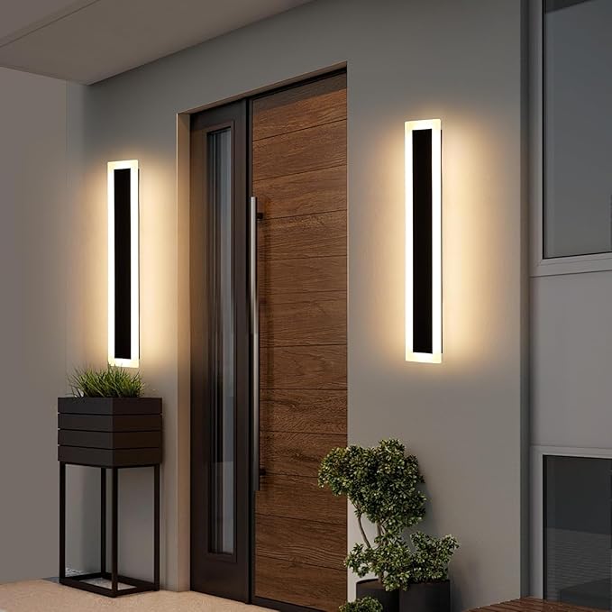 Upgrade Widened 2 Pack Modern LED Wall Sconce 23.6inch Outdoor Wall Lights 3000K Warm White 24W IP65 Waterproof Black Long Linear Wall Mount Lighting Outside Exterior Light for Garage Patio