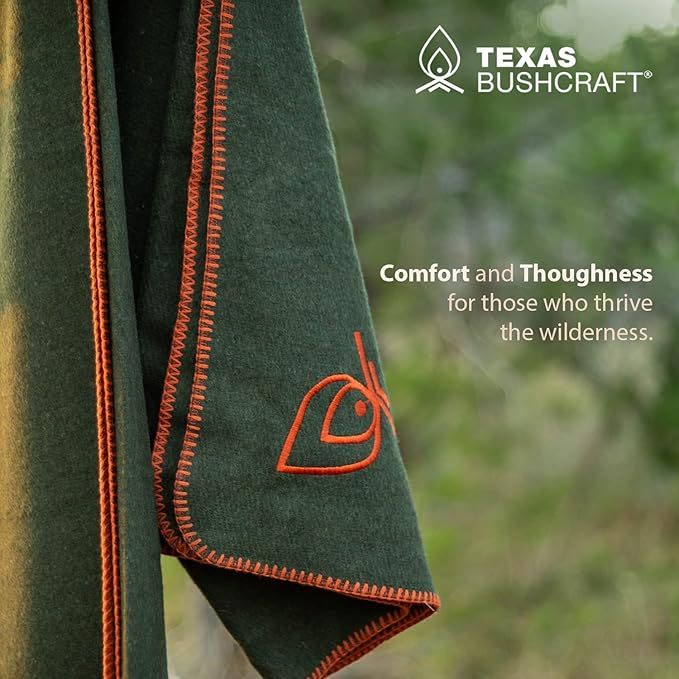 Texas Bushcraft Merino Wool Blanket for Camping Hiking and Backpacking - Water and Fire Resistant Camp Car Blanket Fast-Warming and Durable With Double-Stitched Edging (66 x 90)