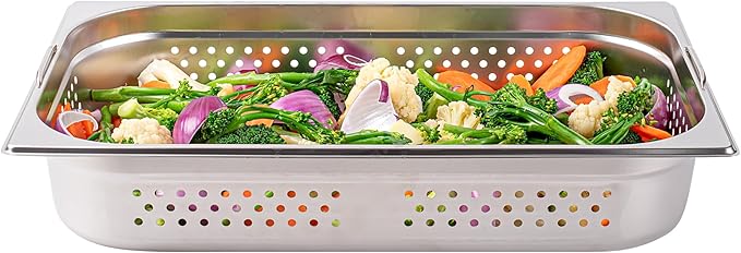Restaurantware Perforated Steam Table Pan - Full Size - 4 Deep - Collapsible Handles - Anti Jam - Commercial Grade Stainless Steel - 1ct Box - Met Lux