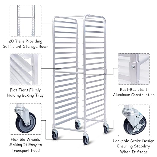 Giantex 20-Tier Kitchen Bun Pan Sheet Rack Aluminum Bakery Rack Home Commercial Kitchen Bakery Cooling Racks w/Wheels 2 Lockable &amp Open Shelf
