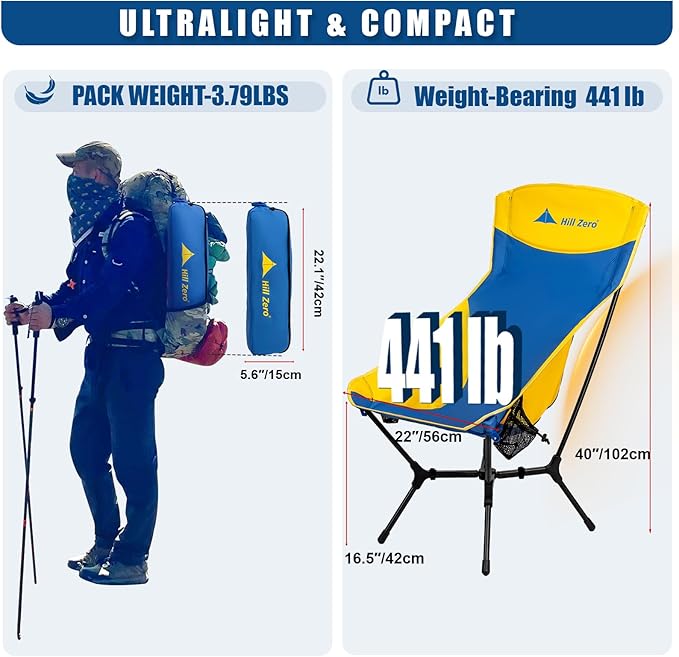 Lightweight Camping Chair (Innovative Rotating Instant Setup) High Back Portable Collapsible Camping Chair Folding Backpacking Ultralight Hiking 400lbs Capacity (Suspension Comfort)