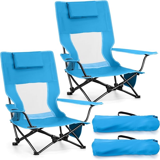 Joyfair 2 Pack Beach Chair Camping Chairs Set(High Back) Heavy Duty Folding Low Lawn Camp Chair for Adults for Outdoor Sport Fishing Armrest Chair with Portable Bag Pillow Cup Holder (Blue)