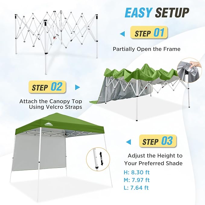 EAGLE PEAK 10x10 Pop Up Canopy Tent with Sidewall Compact Portable Slant Leg Instant Sun Shelter for Beach Sports &amp Camping 10x10 Base 8x8 Top Green