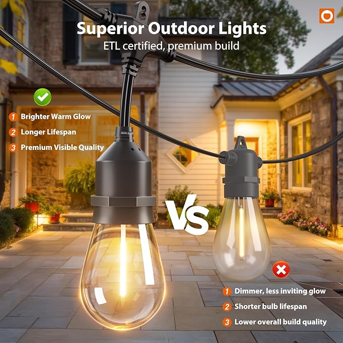 addlon 50FT Outdoor String Lights LED with Remote Dimmable Patio Lights Waterproof Shatterproof Edison Bulb for Outside Backyard Porch Garden Bistro Pergola Party Decor Warm Ambience Lighting