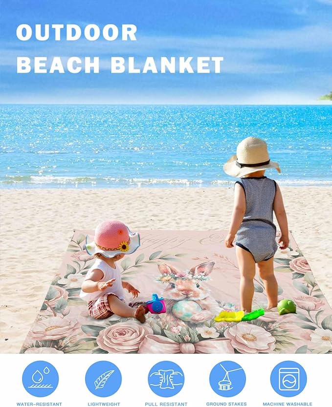Beach Blanket Waterproof Sandproof OversizedEaster Rabbit Rose Flower Beach Mat with Corner Stakes Sand PocketsSpring Pastoral Floral Light Pink Outdoor Picnic Mat for Travel Camping Hiking95x80In