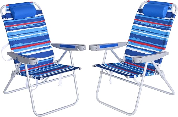 SUNNYFEEL 17 Tall Oversized Beach Chairs 2 Pack for Adults Heavy Duty 500 LBS 5 Position Portable High Folding Camping Chair with Cup Holder for Outdoor/Lawn/Trip Foldable Sand Chairs for Adults