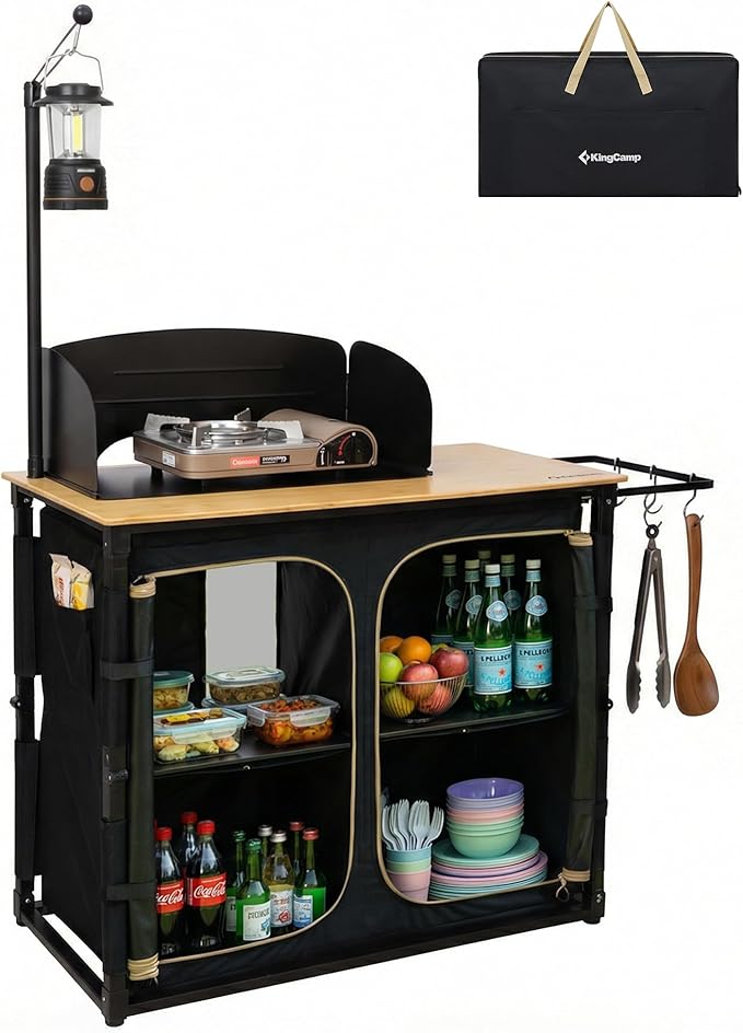 KingCamp Bamboo Camp Kitchen Station Folding Overland Camping Kitchen Table Hooks Portable Outdoor Cooking with Adjustable Lantern Pole &amp Windshield Storage Organizer for Tailgating BBQ Picnic RV
